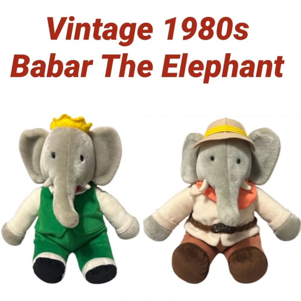Vintage 80s Barbar Elephant Rare Vintage Plush Toys Lot Animals Gray Green Brown